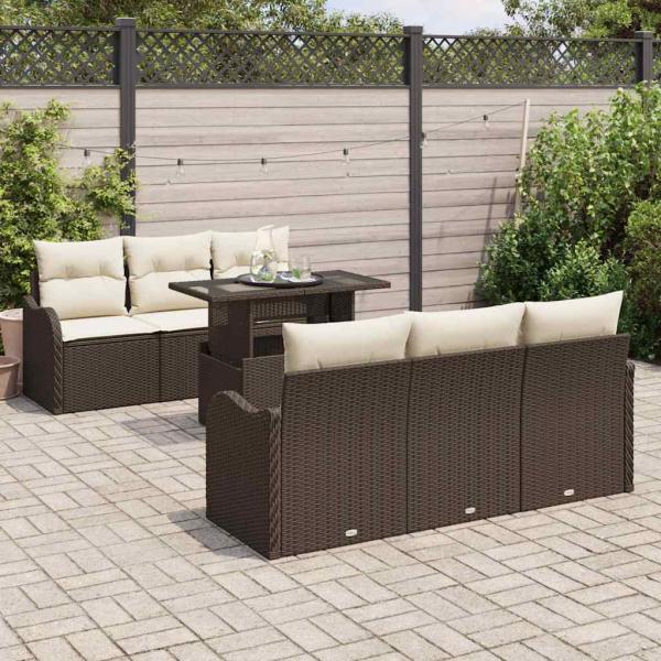 7-teiliges Garten Sofa Set mit Kissen Braunes Poly Rattan, 2-Sitzer Garten Sofa mit Stauraum & Kissen Braunes Poly Rattan