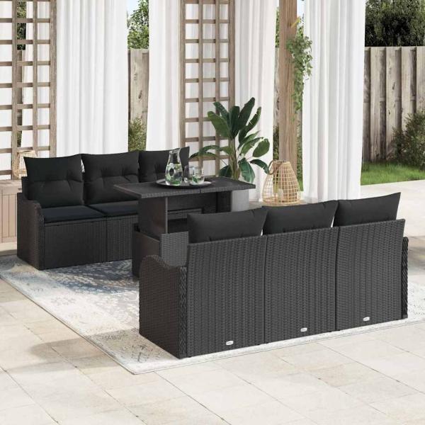 ARDEBO.de - 7-teiliges Garten Sofa Set mit Kissen Schwarz Poly Rattan, 2-Sitzer Garten Sofa mit Stauraum & Kissen Schwarz Poly Rattan
