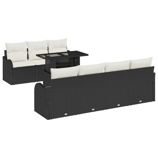 8-teiliges Garten-Sofa-Set mit Kissen Schwarz Poly-Rattan, 2-Sitzer Garten-Sofa mit Stauraum & Kissen Schwarz Poly-Rattan