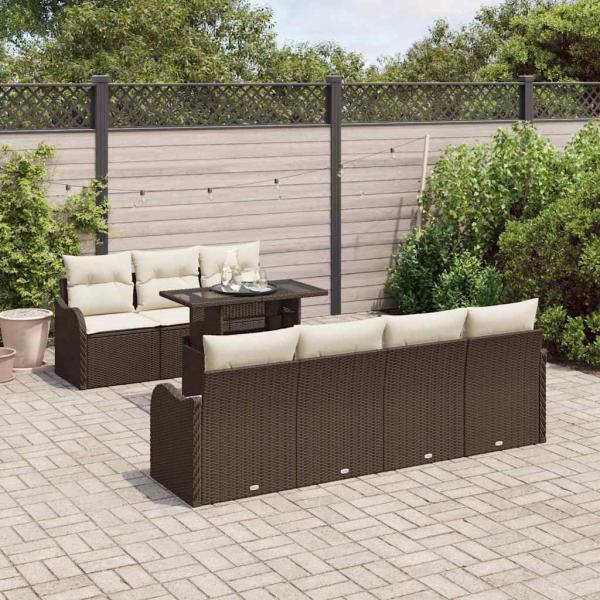 8-teiliges Garten Sofa Set mit Kissen Braunes Poly-Rattan, 2-Sitzer Garten Sofa mit Stauraum & Kissen Braunes Poly-Rattan