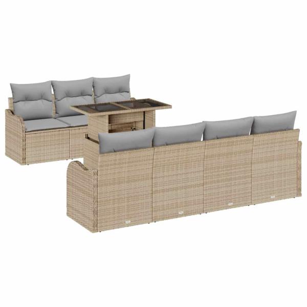 8-teiliges Garten-Sofa-Set mit Kissen Beige Poly Rattan, 2-Sitzer Garten-Sofa mit Stauraum & Kissen Beige Poly Rattan
