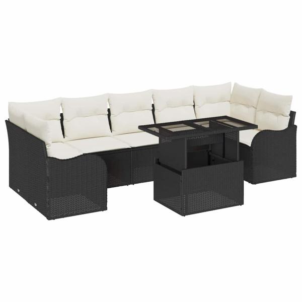 8-teiliges Garten Sofa Set mit Kissen Schwarz Poly-Rattan, 2-Sitzer Garten Sofa mit Stauraum & Kissen Schwarz Poly-Rattan