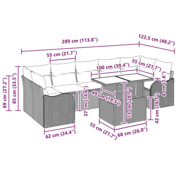 Gartensofa-set mit Kissen mit Speicher 8 pcs Braun Poly Rattan