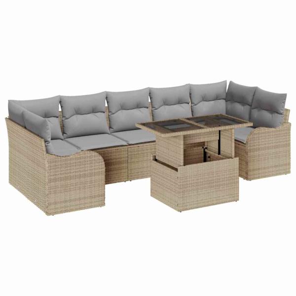 8-teiliges Garten Sofa Set mit Kissen Beige Poly Rattan, 2-Sitzer Garten Sofa mit Stauraum & Kissen Beige Poly Rattan