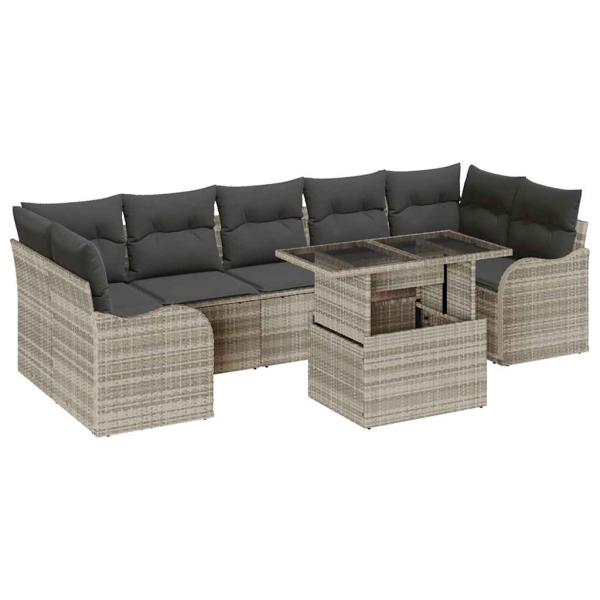 8-teiliges Garten-Sofa-Set mit Kissen Hellgrau Poly-Rattan, 2-Sitzer Garten-Sofa mit Stauraum & Kissen Hellgrau Poly-Rattan