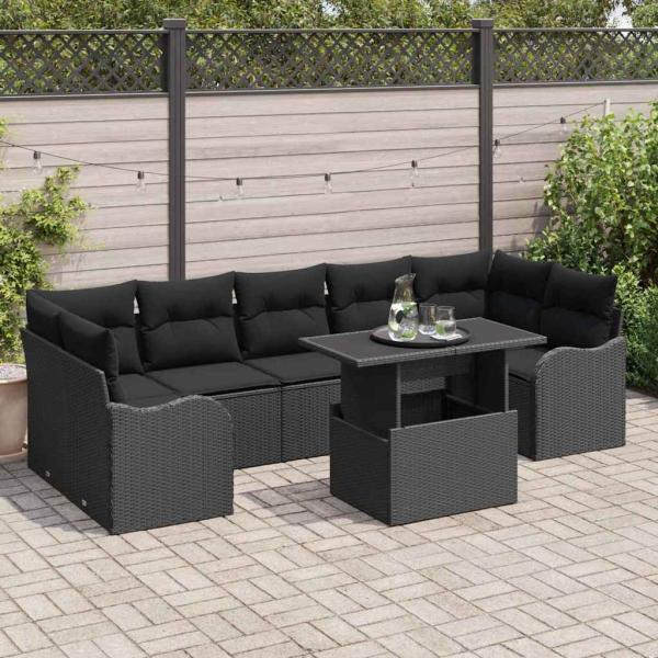 ARDEBO.de - 8-teiliges Gartensofa-Set mit Kissen Schwarzes Poly-Rattan, 2-Sitzer Gartensofa mit Stauraum & Kissen Schwarzes Poly-Rattan