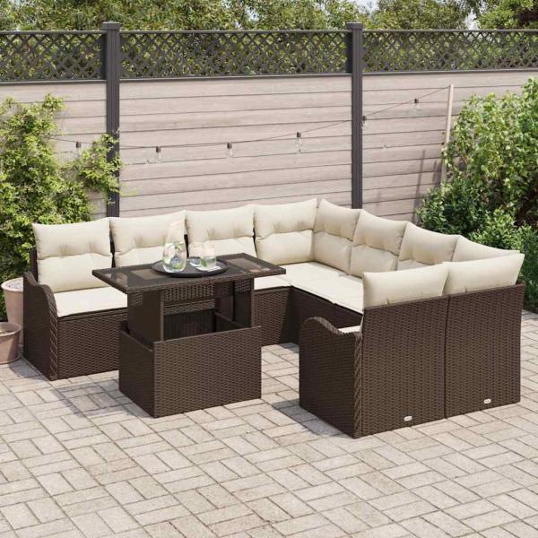 9-teiliges Garten Sofa Set mit Kissen Braun Poly Rattan, 2-Sitzer Garten Sofa mit Stauraum & Kissen Braun Poly Rattan