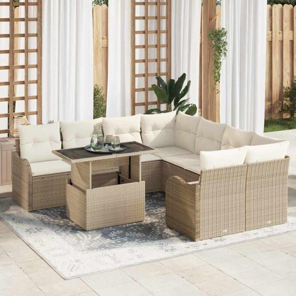 ARDEBO.de - 9-teiliges Garten Sofa Set mit Kissen Beige Poly Rattan, 2-Sitzer Garten Sofa mit Stauraum & Kissen Beige Poly Rattan