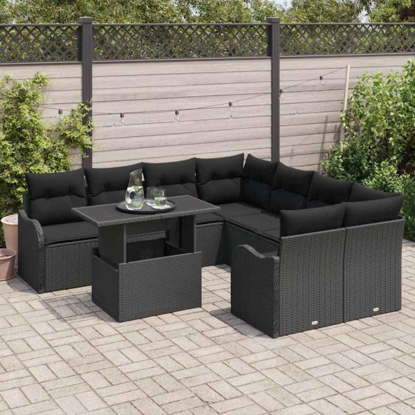 9-teiliges Garten-Sofa-Set mit Kissen Schwarz Poly-Rattan, 2-Sitzer Garten-Sofa mit Stauraum & Kissen Schwarz Poly-Rattan