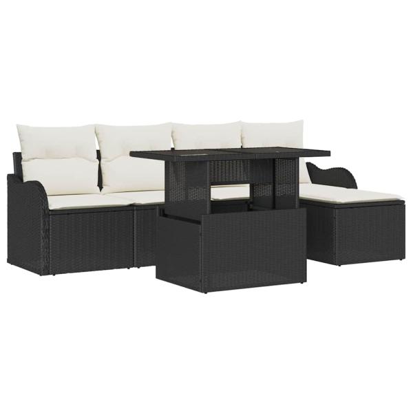 6-teilige Garten-Sofa-Set mit Kissen Schwarz Poly-Rattan, 2-Sitzer Garten-Sofa mit Stauraum & Kissen Schwarz Poly-Rattan