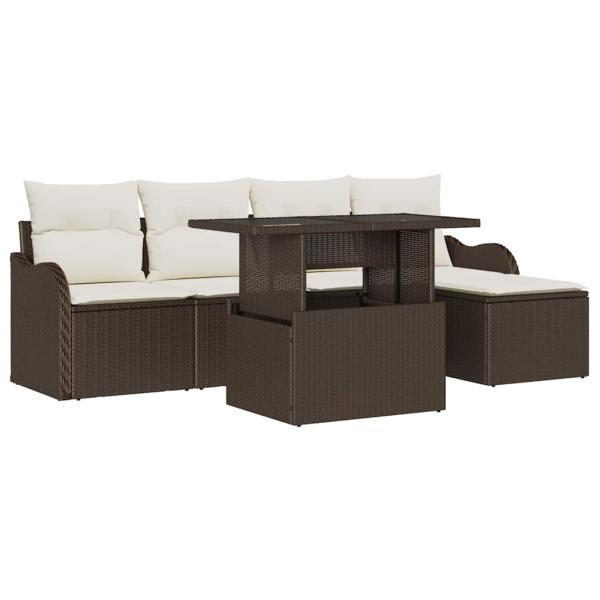 6-teilige Garten Sofa Set mit Kissen Braun Poly Rattan, 2-Sitzer Garten Sofa mit Stauraum & Kissen Braun Poly Rattan
