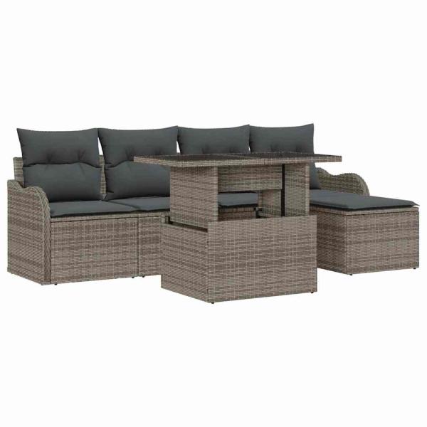 6-teilige Garten Sofa Set mit Kissen Grau Poly Rattan, 2-Sitzer Garten Sofa mit Stauraum & Kissen Grau Poly Rattan