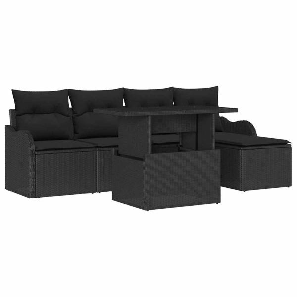 6-teiliges Garten-Sofa-Set mit Kissen Schwarz Poly-Rattan, 2-Sitzer Garten-Sofa mit Stauraum & Kissen Schwarz Poly-Rattan