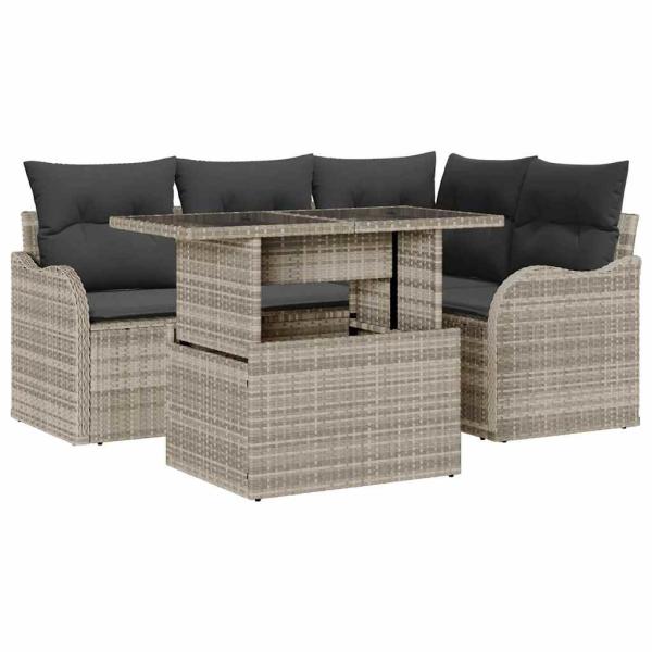 5-teiliges Garten Sofa Set mit Kissen Hellgrau Poly Rattan, 2-Sitzer Garten Sofa mit Stauraum & Kissen Hellgrau Poly Rattan