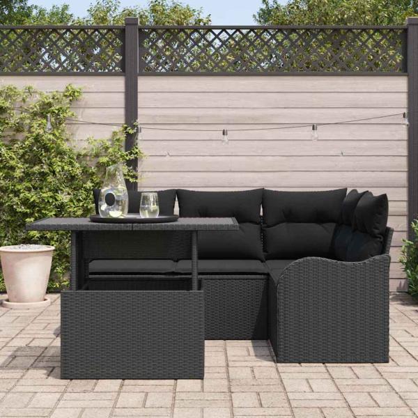 5-teilige Garten-Sofa-Set mit Kissen schwarzes Poly-Rattan, 2-Sitzer Garten-Sofa mit Stauraum & Kissen schwarzes Poly-Rattan