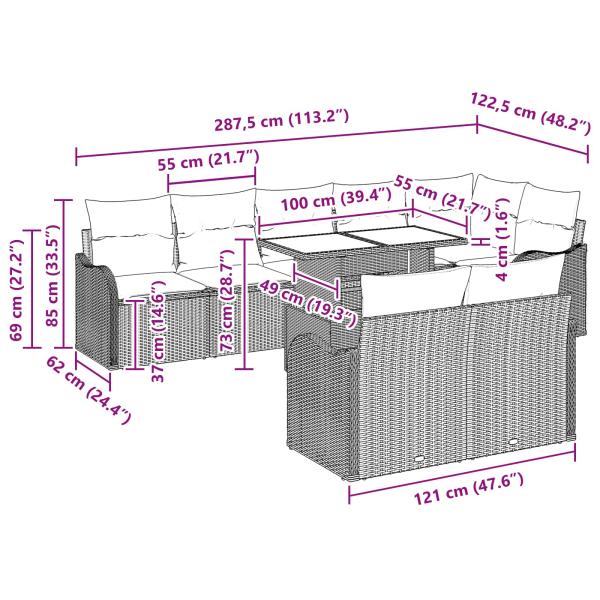 9-teiliges Garten-Sofa-Set mit Kissen Hellgraues Poly-Rattan, 2-Sitzer Garten-Sofa mit Stauraum & Kissen Hellgraues Poly-Rattan
