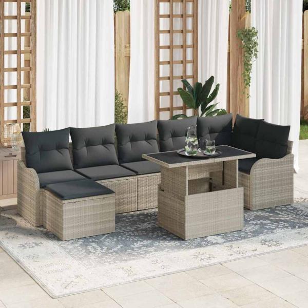 ARDEBO.de - 8-teiliges Garten Sofa Set mit Kissen Hellgrau Poly Rattan, 2-Sitzer Garten Sofa mit Stauraum & Kissen Hellgrau Poly Rattan