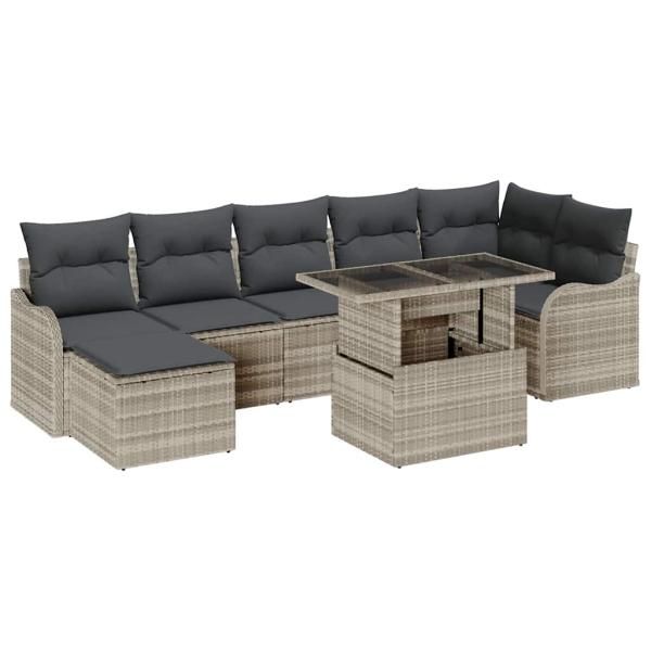 8-teiliges Garten Sofa Set mit Kissen Hellgrau Poly Rattan, 2-Sitzer Garten Sofa mit Stauraum & Kissen Hellgrau Poly Rattan