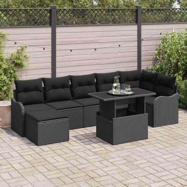 ARDEBO.de - 8-teiliges Garten Sofa Set mit Kissen Schwarz Poly Rattan, 2-Sitzer Garten Sofa mit Stauraum & Kissen Schwarz Poly Rattan