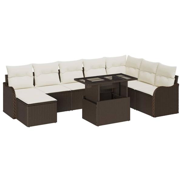 9-teiliges Garten Sofa Set mit Kissen in Braun aus Poly Rattan, 2-Sitzer Garten Sofa mit Stauraum & Kissen in Braun aus Poly Rattan