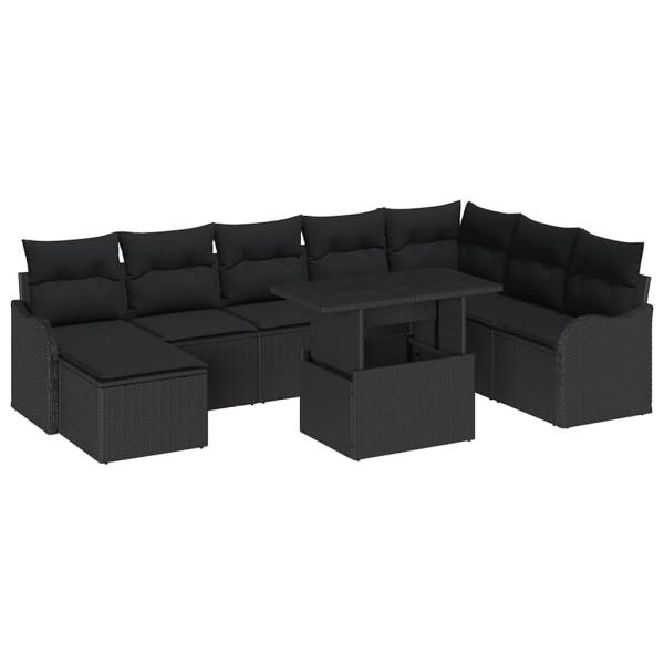 9-teiliges Garten Sofaset mit Kissen Schwarz Poly Rattan, 2-Sitzer Garten Sofa mit Stauraum & Kissen Schwarz Poly Rattan