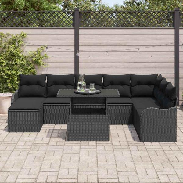 9-teiliges Garten Sofaset mit Kissen Schwarz Poly Rattan, 2-Sitzer Garten Sofa mit Stauraum & Kissen Schwarz Poly Rattan