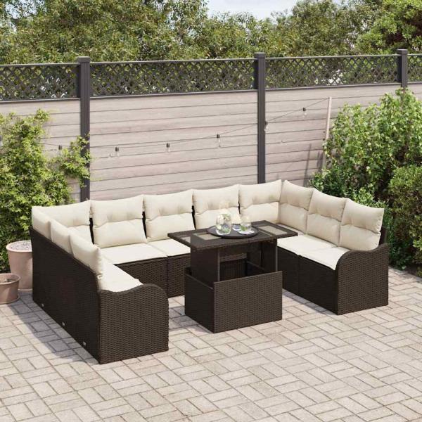 10-teiliges Garten Sofa Set mit Kissen Braunes Poly Rattan, 2-Sitzer Garten Sofa mit Stauraum & Kissen Braunes Poly Rattan