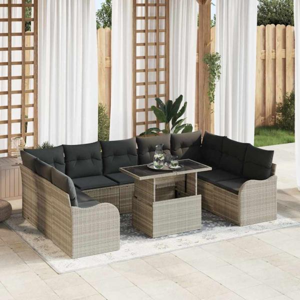 ARDEBO.de - 10-teiliges Garten Sofa Set mit Kissen Hellgrau Poly Rattan, 2-Sitzer Garten Sofa mit Stauraum & Kissen Hellgrau Poly Rattan