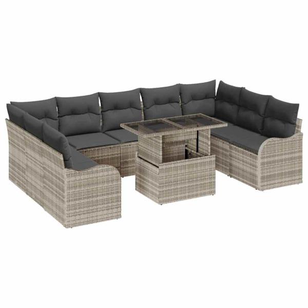 10-teiliges Garten Sofa Set mit Kissen Hellgrau Poly Rattan, 2-Sitzer Garten Sofa mit Stauraum & Kissen Hellgrau Poly Rattan