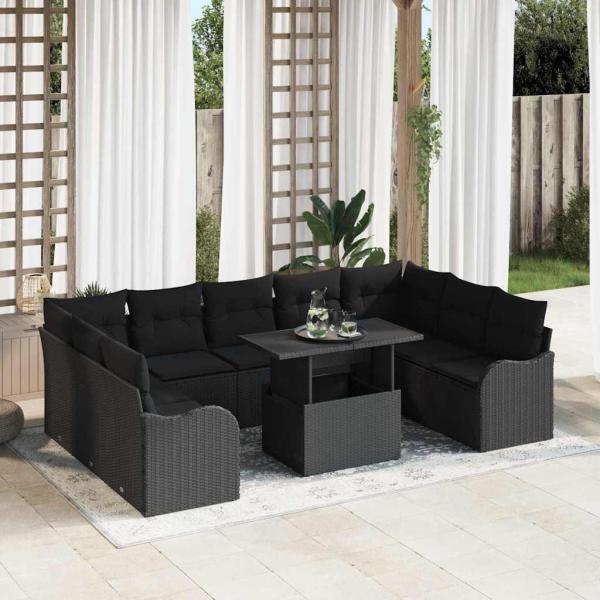 ARDEBO.de - 10-teiliges Garten-Sofa-Set mit Kissen schwarz Poly-Rattan, 2-Sitzer Garten-Sofa mit Stauraum & Kissen schwarz Poly-Rattan