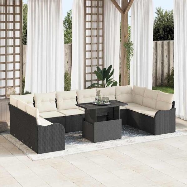 ARDEBO.de - 11-teiliges Garten Sofa Set mit Kissen Schwarz Poly Rattan, 2-Sitzer Garten Sofa mit Stauraum & Kissen Schwarz Poly Rattan