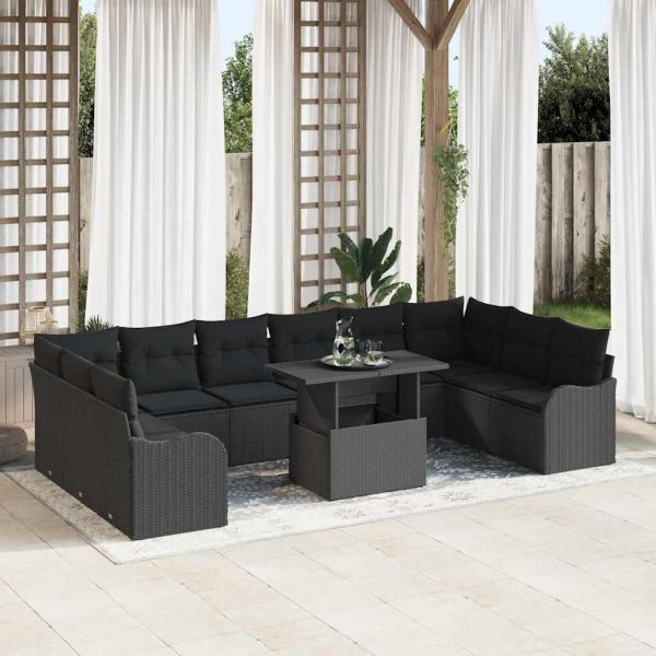 ARDEBO.de - 11-teiliges Gartensofa Set mit Kissen Schwarz Poly-Rattan, 2-Sitzer Gartensofa mit Stauraum & Kissen Schwarz Poly-Rattan
