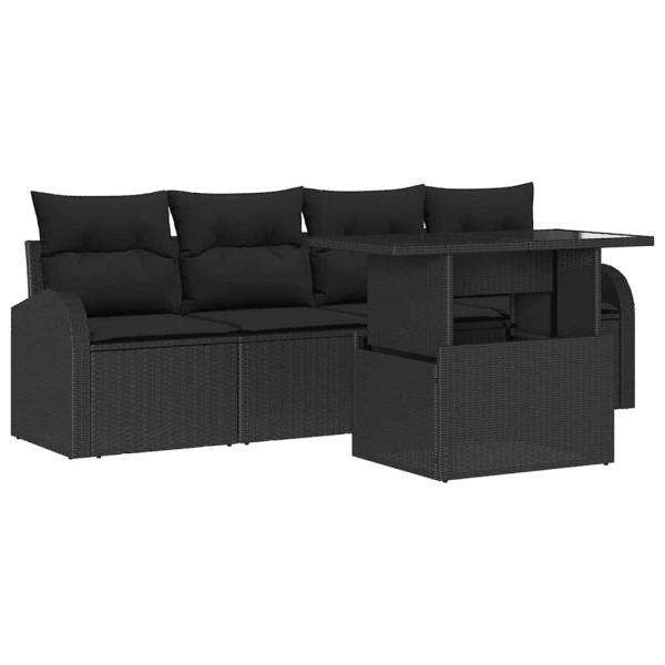 5-teiliges Garten Sofa Set mit Kissen Schwarz Poly Rattan, 2-Sitzer Garten Sofa mit Stauraum & Kissen Schwarz Poly Rattan