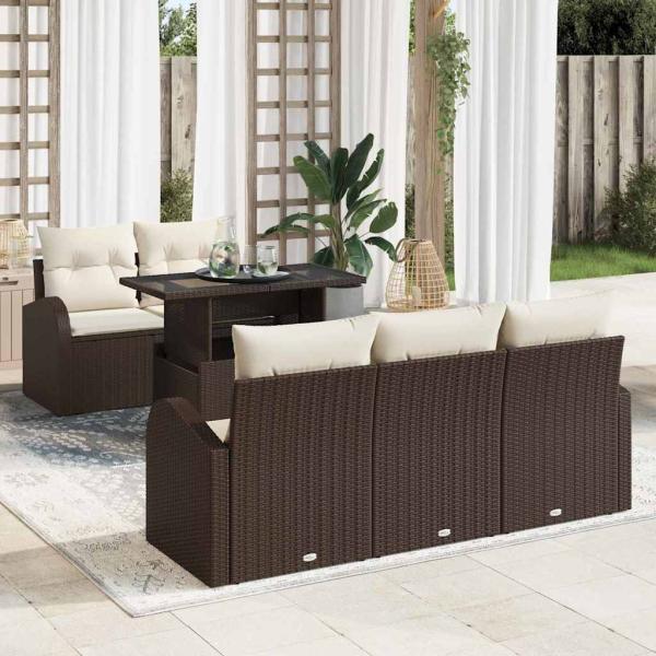 ARDEBO.de - 6-teiliges Garten-Sofa-Set mit Kissen aus braunem Poly-Rattan, 2-Sitzer Garten-Sofa mit Stauraum & Kissen aus braunem Poly-Rattan