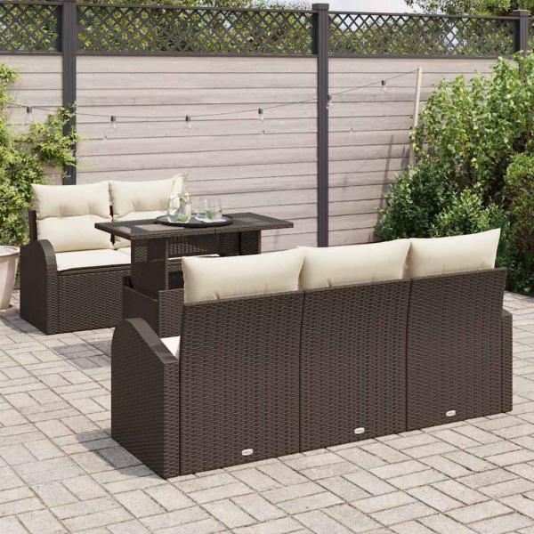 6-teiliges Garten-Sofa-Set mit Kissen aus braunem Poly-Rattan, 2-Sitzer Garten-Sofa mit Stauraum & Kissen aus braunem Poly-Rattan