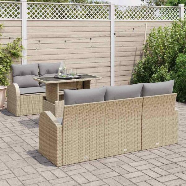 6-teiliges Garten Sofa Set mit Kissen Beige Poly Rattan, 2-Sitzer Garten Sofa mit Stauraum & Kissen Beige Poly Rattan