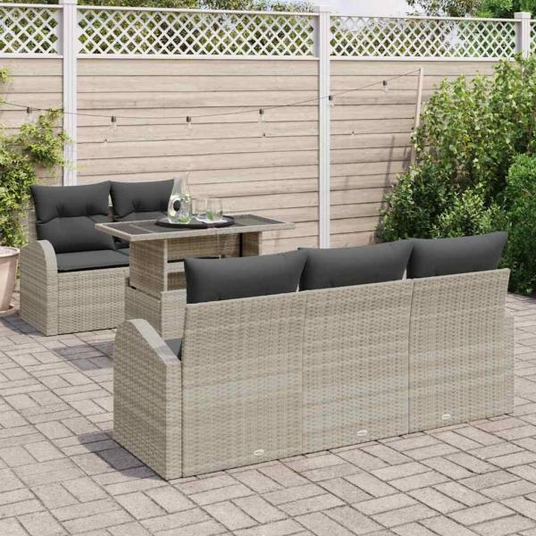 6-teiliges Garten Sofa Set mit Kissen Hellgrau Poly Rattan, 2-Sitzer Garten Sofa mit Stauraum & Kissen Hellgrau Poly Rattan
