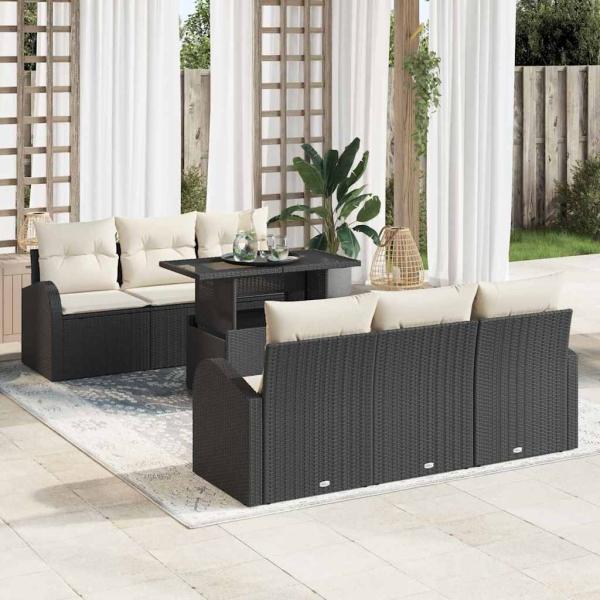 ARDEBO.de - 7-Teiliges Garten-Sofa-Set mit Kissen Schwarz Poly Rattan, 2-Sitzer Garten-Sofa mit Stauraum und Kissen Schwarz Poly Rattan