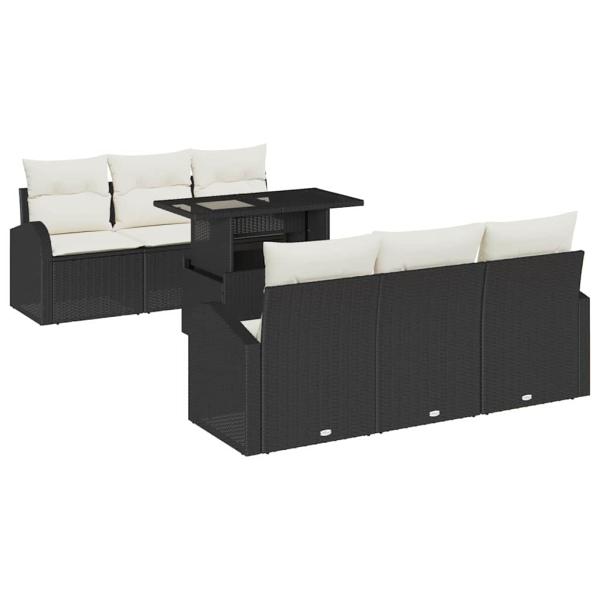 7-Teiliges Garten-Sofa-Set mit Kissen Schwarz Poly Rattan, 2-Sitzer Garten-Sofa mit Stauraum und Kissen Schwarz Poly Rattan