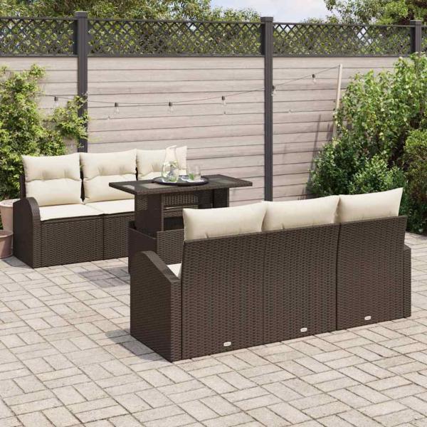 7-teiliges Garten Sofaset mit Kissen Braun Poly Rattan, 2-Sitzer Garten Sofa mit Stauraum & Kissen Braun Poly Rattan