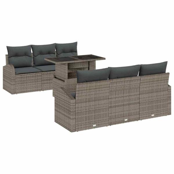 7-teiliges Garten Sofa Set mit Kissen Grau Poly Rattan, 2-Sitzer Garten Sofa mit Stauraum & Kissen Grau Poly Rattan