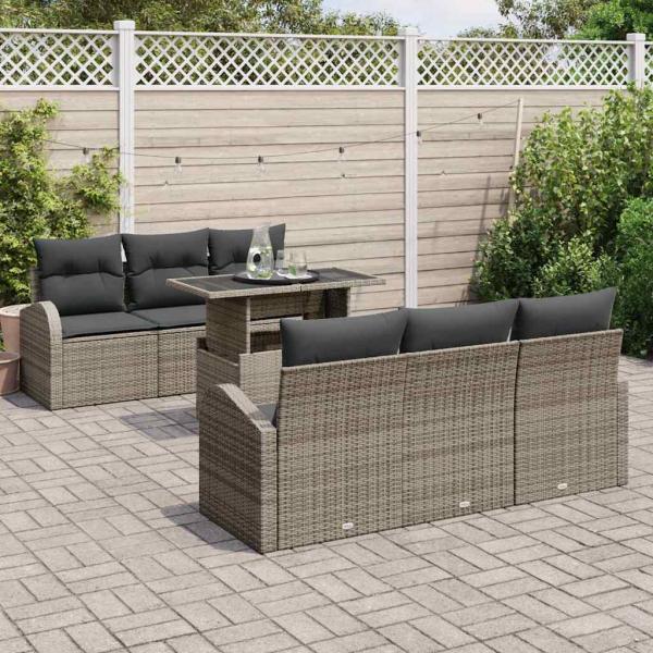 7-teiliges Garten Sofa Set mit Kissen Grau Poly Rattan, 2-Sitzer Garten Sofa mit Stauraum & Kissen Grau Poly Rattan