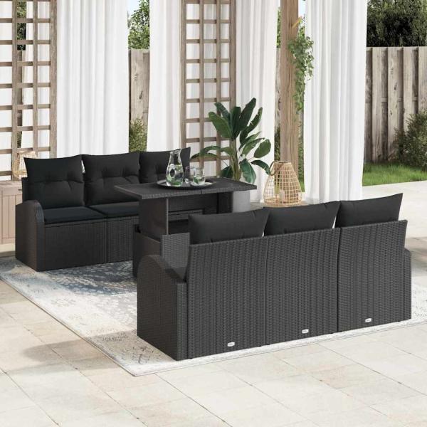 ARDEBO.de - 7-teiliges Garten-Sofa-Set mit Kissen schwarzes Poly-Rattan, 2-Sitzer Garten-Sofa mit Stauraum & Kissen schwarzes Poly-Rattan