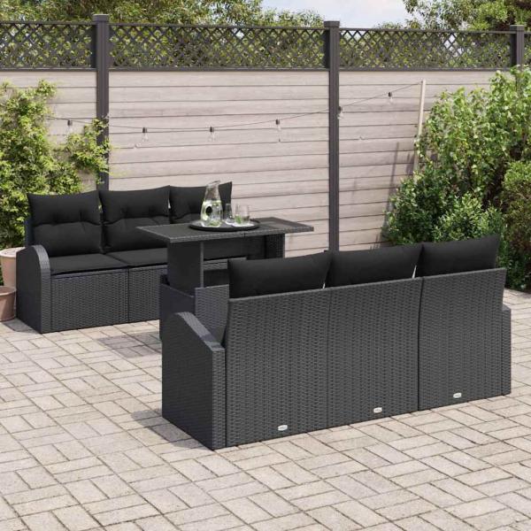 7-teiliges Garten-Sofa-Set mit Kissen schwarzes Poly-Rattan, 2-Sitzer Garten-Sofa mit Stauraum & Kissen schwarzes Poly-Rattan