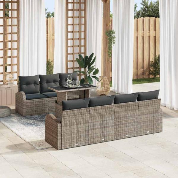 ARDEBO.de - 8-teiliges Garten Sofa Set mit Kissen Graues Poly Rattan, 2-Sitzer Garten Sofa mit Stauraum & Kissen Graues Poly Rattan