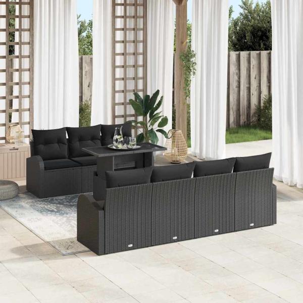ARDEBO.de - 8-teiliges Garten Sofa Set mit Kissen Schwarz Poly Rattan, 2-Sitzer Garten Sofa mit Stauraum & Kissen Schwarz Poly Rattan