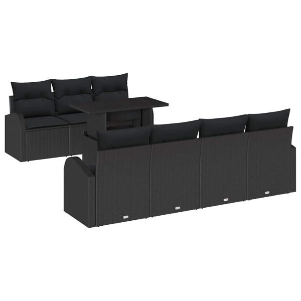 8-teiliges Garten Sofa Set mit Kissen Schwarz Poly Rattan, 2-Sitzer Garten Sofa mit Stauraum & Kissen Schwarz Poly Rattan