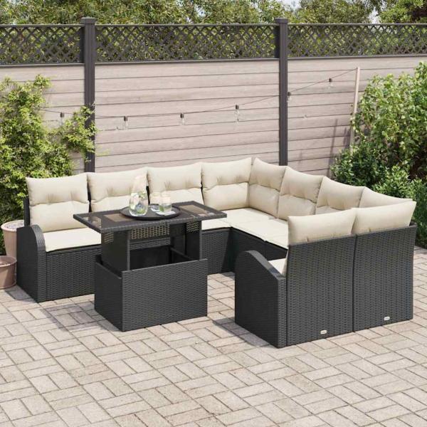 9-teiliges Garten Sofa Set mit Kissen Schwarz Poly Rattan, 2-Sitzer Garten Sofa mit Stauraum & Kissen Schwarz Poly Rattan