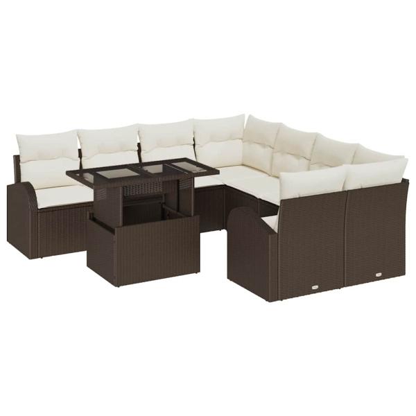 9-teiliges Garten Sofa Set mit Kissen braun Poly Rattan, 2-Sitzer Garten Sofa mit Stauraum & Kissen braun Poly Rattan