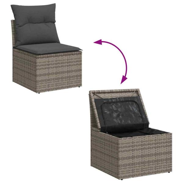 9-teiliges Garten Sofa Set mit Kissen Grau Poly Rattan, 2-Sitzer Garten Sofa mit Stauraum & Kissen Grau Poly Rattan